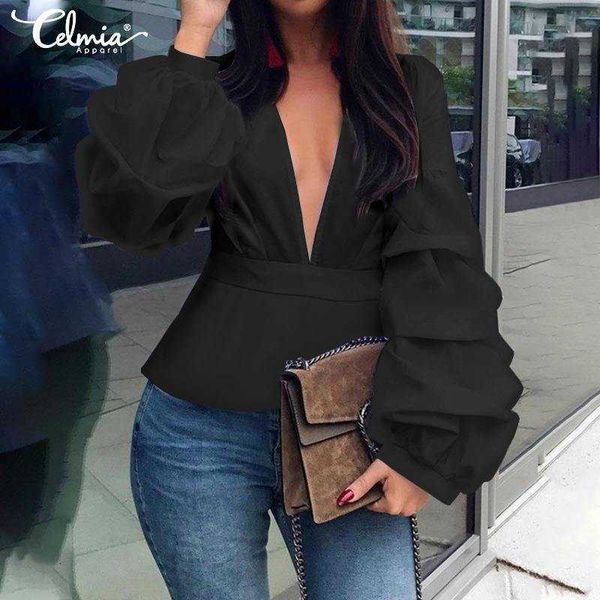 

women's blouses & shirts blouses 5xl celmia women fashion lantern sleeve elegant v neck autumn blouse casual office solid tunic plus si, White