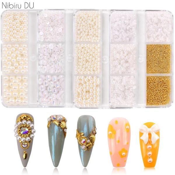 

nail art decorations 6grid/box beige white pearl mini small stainless steel beads gold caviar parts accessories supplies, Silver;gold