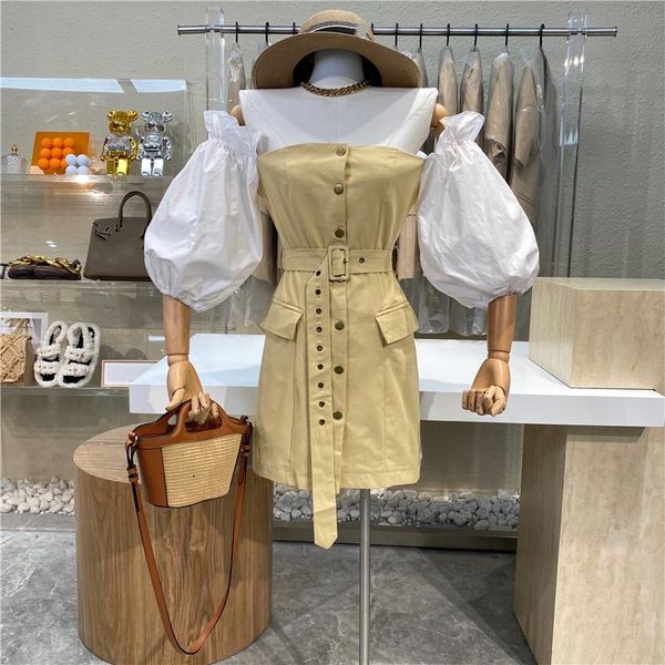 

casual dresses 2021 fashionable single-line collar wood ear lantern sleeve waist dress single-breasted, Black;gray