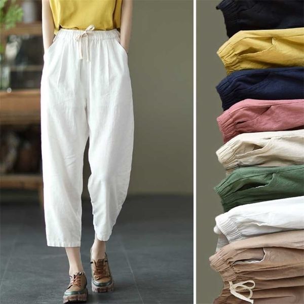 Pantaloni in lino di cotone autunnale da donna larghi classici bianchi a vita media per pantaloni a matita rosa al polpaccio solidi 211115
