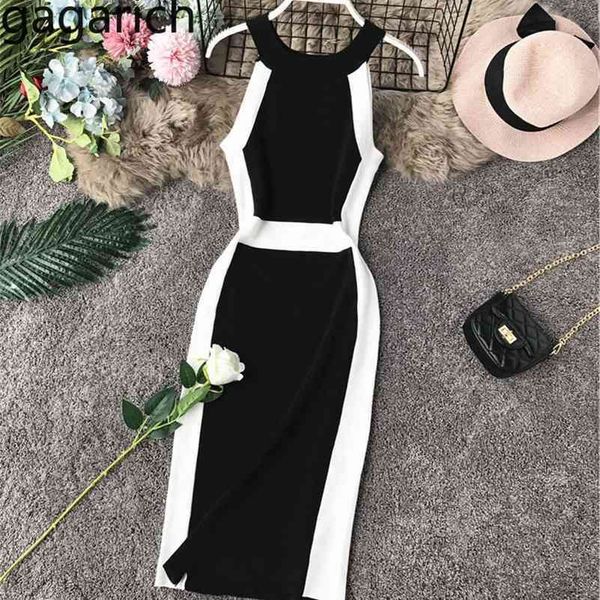 Gagarich Casual Mulheres Vestido de malha O Neck Sem Mangas Branco Stripe Side Elegante Midi Vestidos Bodycon Female Vestidos 210323