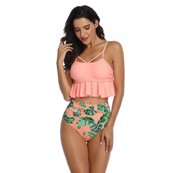 

women spaghetti straps two piece bikini ruffled beachwear tied back swimsuit swimwear with high waist bottom, White;black