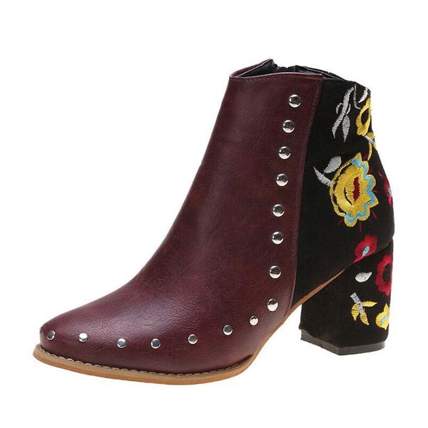 

boots retro rivets women ladies autumn winter warm non-slip fashion embroidery floral single shoes woman short, Black