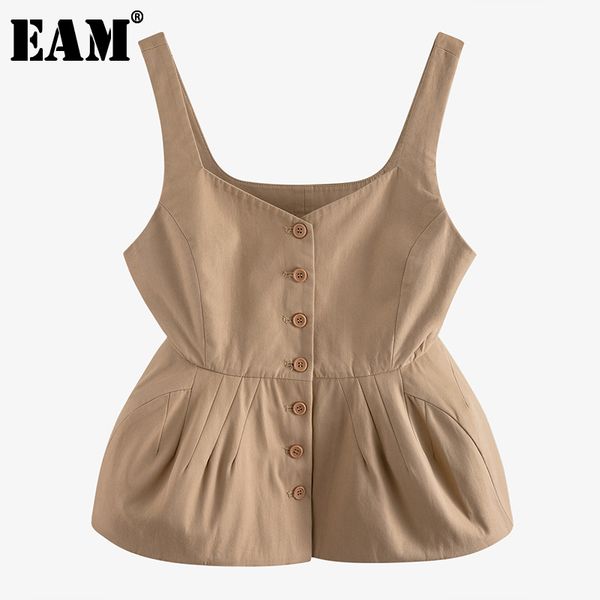 

[eam] women khaki pleated stitch short tank round neck sleeveless personality fashion spring autumn wm18404 21512, White