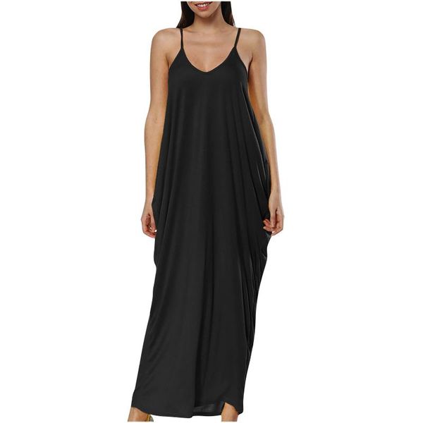 

#56 dresses for women party v-neck women's fashion knot strap shirred back solid boho sleeveless slip dress robe longue femme casual, Black;gray