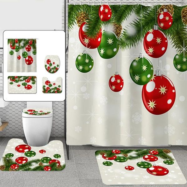 

bath mats christmas theme waterproof bathroom shower curtain 4pcs mat set non-slip carpets toilet seat cover pedestal rug