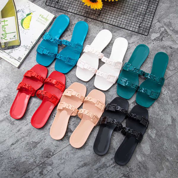 

slippers sandals g family's 2021 summer new chain flat bottom outer net red flip flop flat bottom plastic beach jelly sandalszly, Black