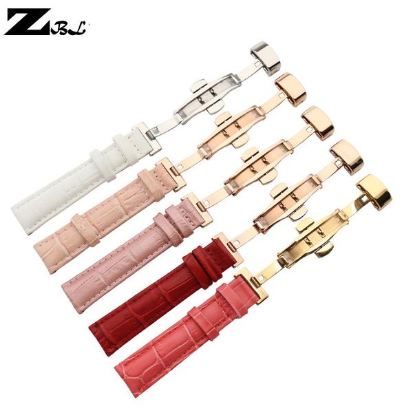 

watch bands womens genuine fashion leather bracelet 16 18 20mm pink red watchband strap butterfly buckle accessories, Black;brown