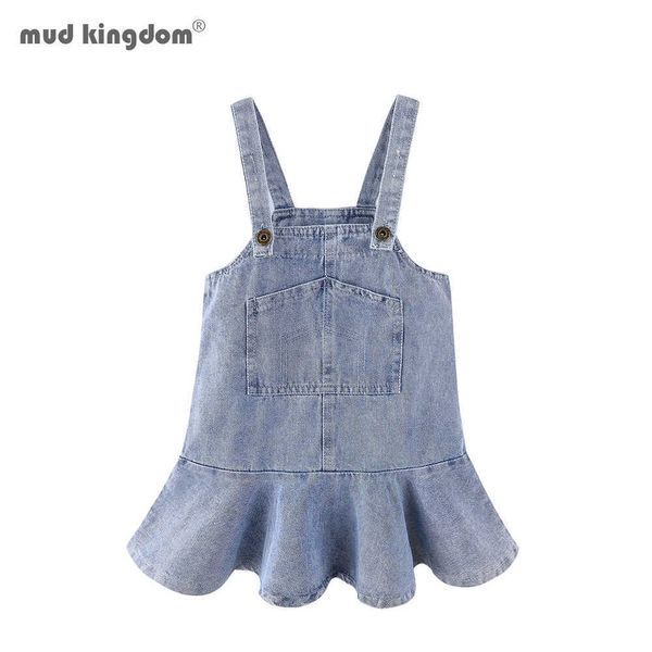 Mudkingdom Meninas Vestidos Denim macacão Skirtall Jumper Plain Pinafore Mini Vestido Criança Primavera Roupas 210615