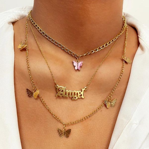 

chains 2021 vintage multilayer acrylic butterfly choker necklace fashion women letter golden chain layered jewelry party gift, Silver