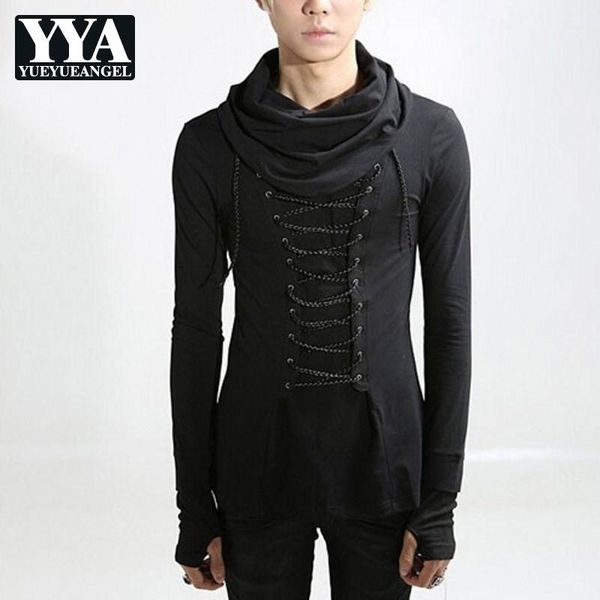 

gothic lace up punk style tees men long sleeve fashion streetwear black t-shirts male stage clothes men's, White;black