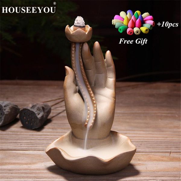

fragrance lamps 10pcs incense cones + buddha palm lotus pond burner hand backflow censer zen meditation yoga