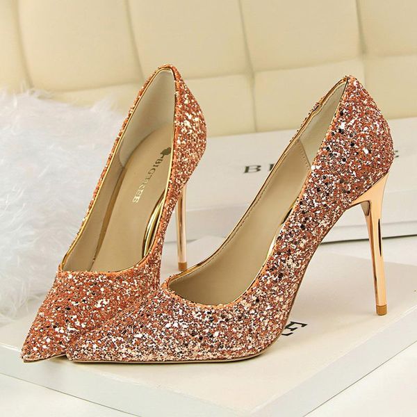 

dress shoes 2021 women 9.5cm high heels stripper glitter scarpins pumps stiletto wedding bridal prom champagne gold plus size, Black