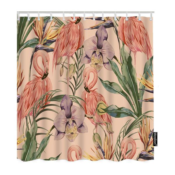 

tropical flowers and flamingos shower curtain palm leaves jungle plants orchid bird animal funnyshowercurtain gift for