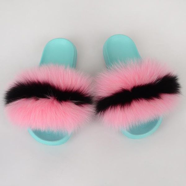 

slippers fur women real slides furry flat sandals female cute fluffy shoes, Black