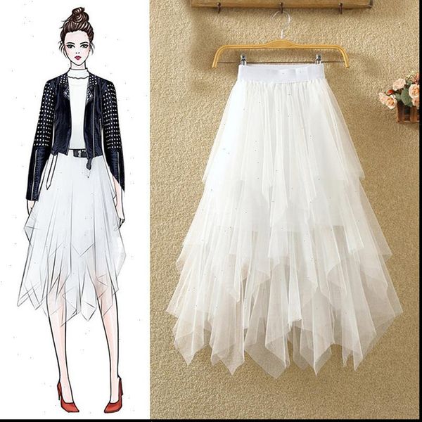 

tulle faldas mujer moda fashion womens skirt elastic high waist mesh tutu pleated long midi saias jupe, Black