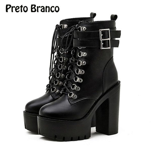 

boots preto branco selling women's waterproof platform high rivet buckle heel black -5758