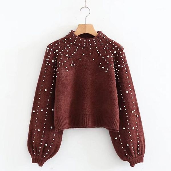 

women's sweaters bigsweety women turtleneck pearl beading sweater autumn winter warm lantern sleeve jumper pull knitted pullovers, White;black