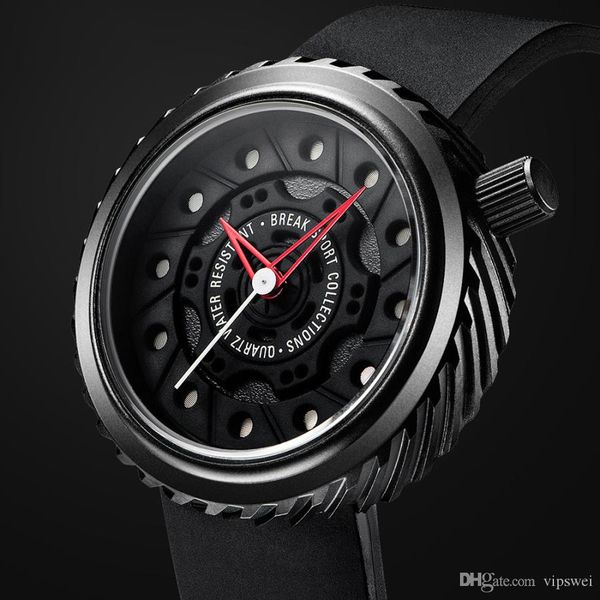 Lussuosa auto sportiva Orologio al quarzo Cinturino in silicone nero Orologi militari da uomo Forma di pneumatico Orologio da polso dal design unico e impermeabile stereoscop