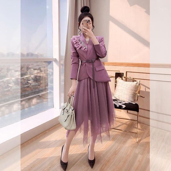 

two piece dress 2021 business suit for women skirt mesh korean style formal skirts suits blouse and set, White