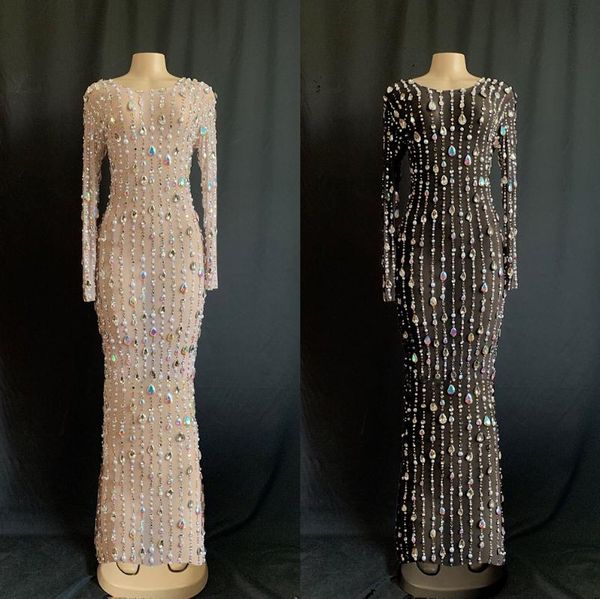 

women's fashion luxury rhinestones pearls long dress birthday celebrate stretch see through perspective evening casual dresses, Black;gray