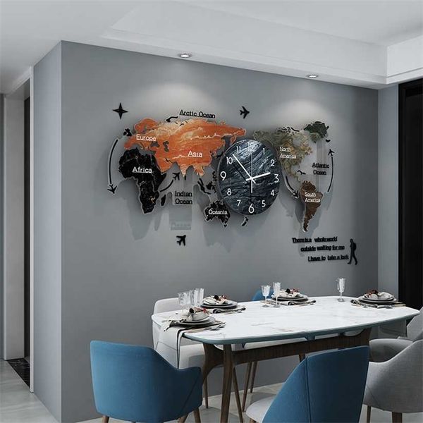 Meisd Grande mappa del mondo Clock Creative Modern Design Wall Watch Quartz Sogro silenzioso Horloge oversize 220115