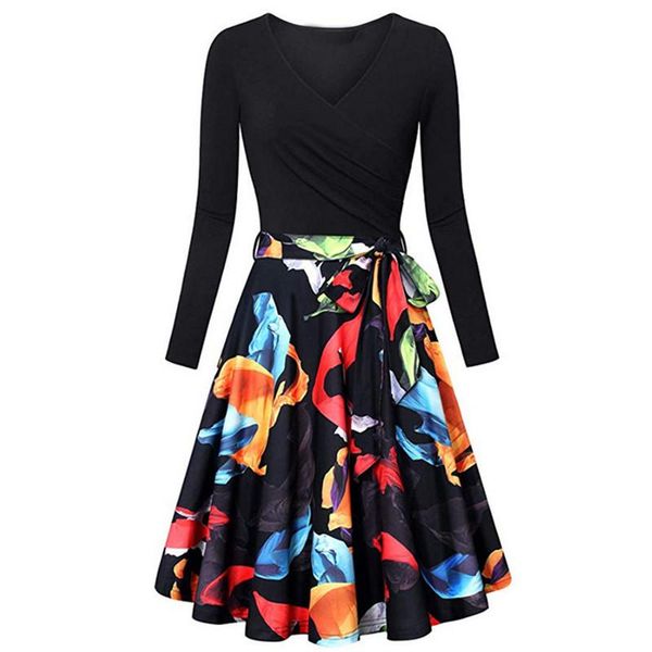 

fashion autumn women dress printing fit and flare long sleeve v-neck party knee length vestidos casual dresses, Black;gray