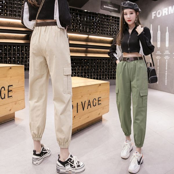 

women cargo pants spring summer fashion female high waist loose harem pant pocket casual trousers streetwear with belt 210319, Black;white