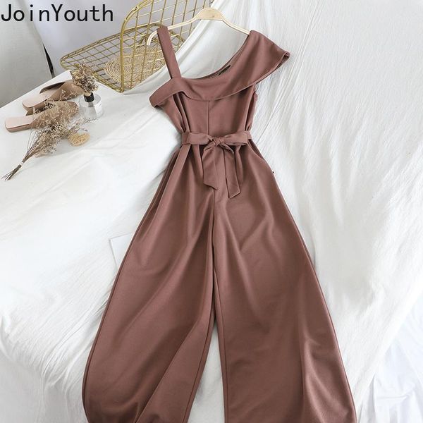 

women's jumpsuits & rompers joinyouth women 2021 summer bow nadage slim waist wide leg playsuits skew collar strapless ruffle 57819, Black;white