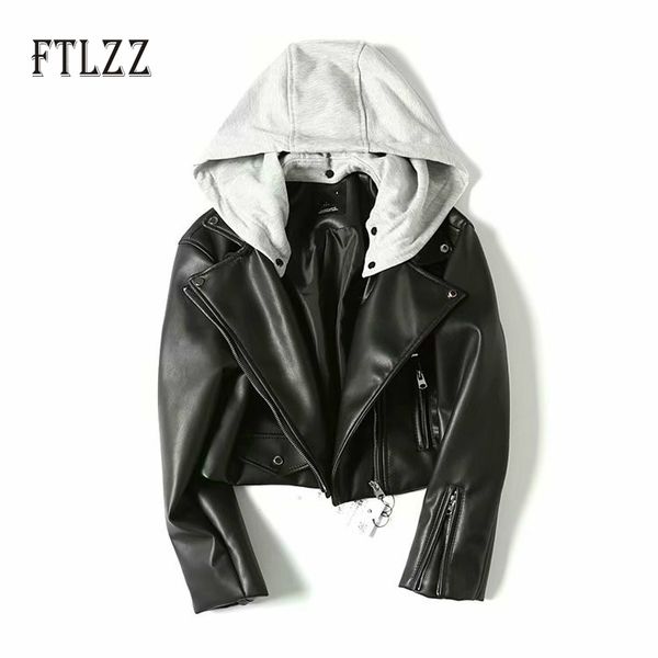 

women faux leather jacket spring autumn hooed removable hat street short coat ladies black pu outerwear 210602