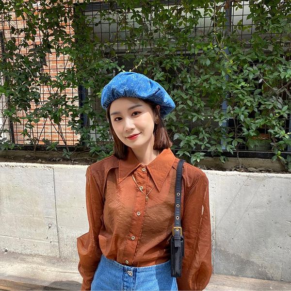 

berets foux beret hats women autumn winter spring retro denim printing elasticity jellyfish fluffy cloud sboy caps brimless 2021, Blue;gray