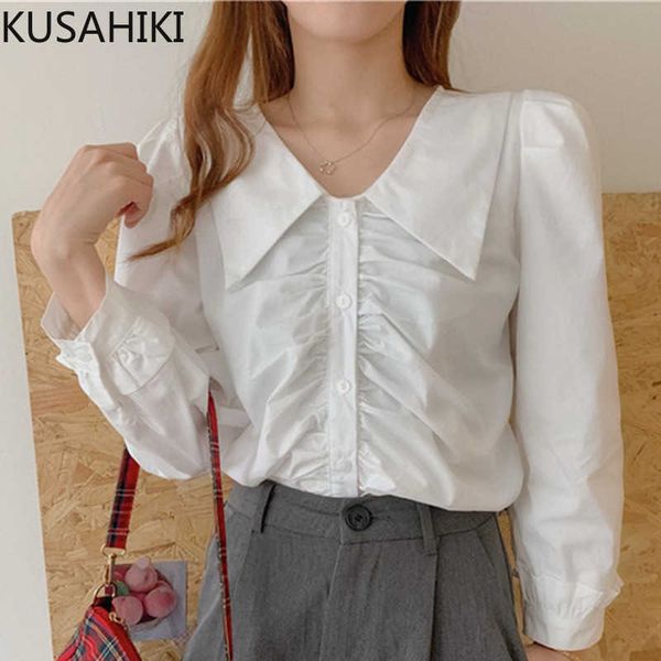 

kusahiki for women fashion pleated blouses causal puff sleeve turn-down collar shirt spring blusas de mujer 6f481 210602, White