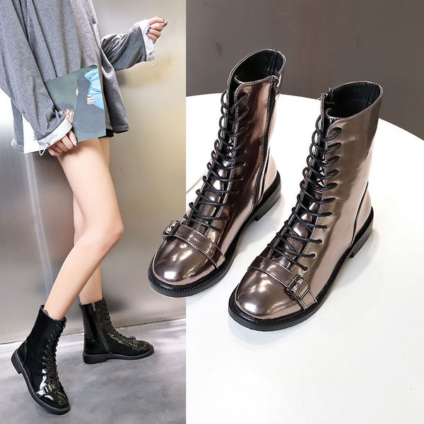 

ins spring women white boots autumn fashion black leather platform gothic boots punk combat mid-calf boots for women