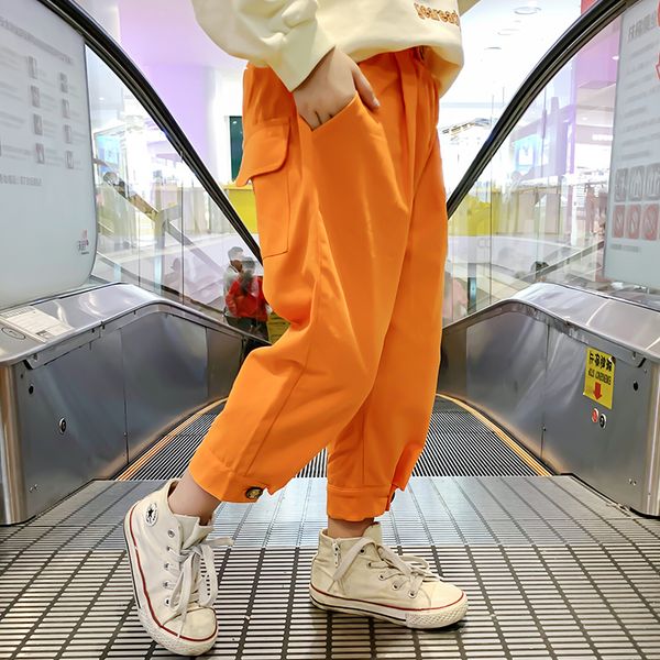 

cotton girls pants bright color cargo pants harem casual loose joggers sweatpants children girls clothes hip-hop pocket overalls, White