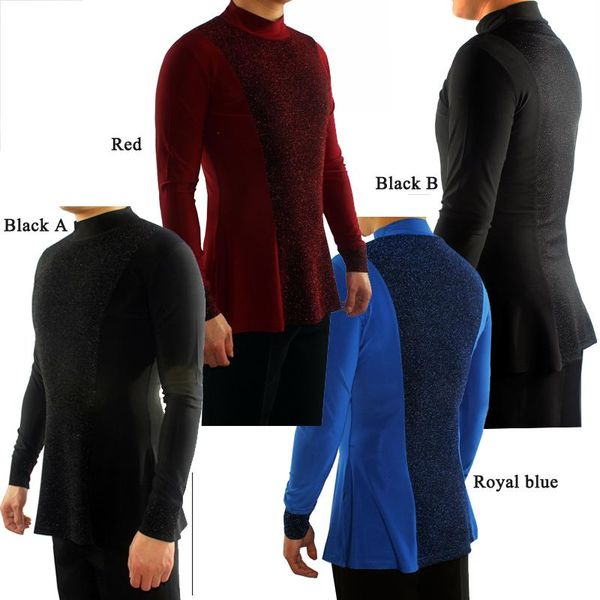 

stage wear ballroom latin dance shirts men clothes for salsa performance practice uniform long sleeve dn1322, Black;red