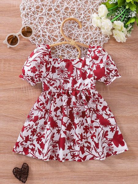 

baby plants print puff sleeve dress she, Red;yellow