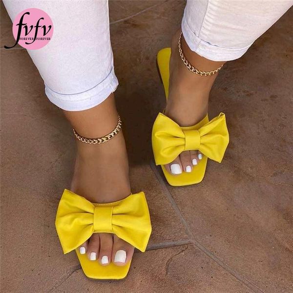 

slippers [fvfv] women bow woman square toe slides ladies summer beach 2021 fashion casual outdoor shoes women's footwear plus, Black