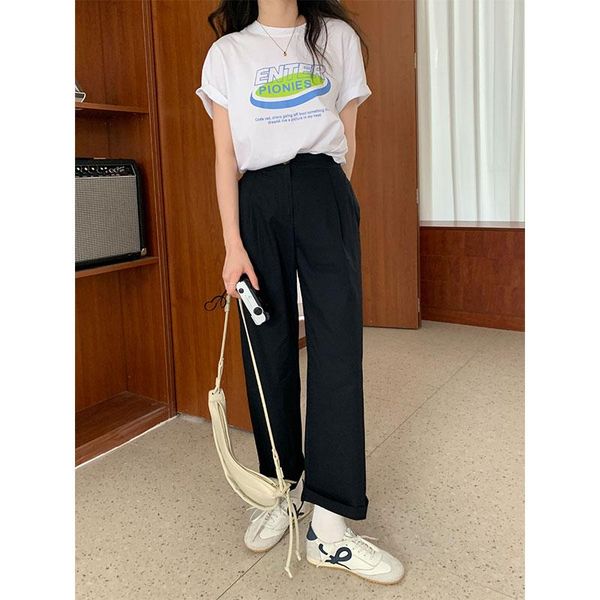 

women's pants & capris 5colors 2021 summer high elastic waist straight trousers female loose casual wide leg (x2065), Black;white