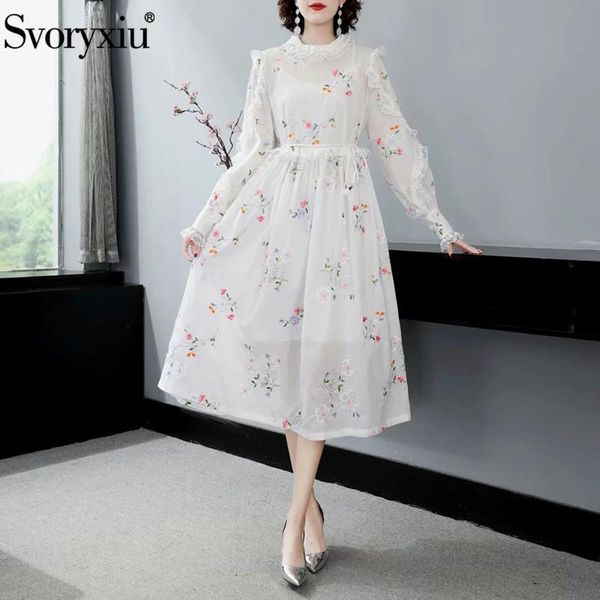 

casual dresses svoryxiu elegance flower embroidery white long women's fashion sleeve lace ruffles loose vestdios, Black;gray