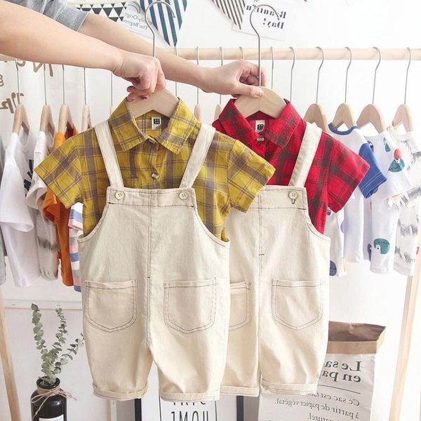 

clothing sets arrival kids boys plaid short sleeve t-shirt + overall pants, White