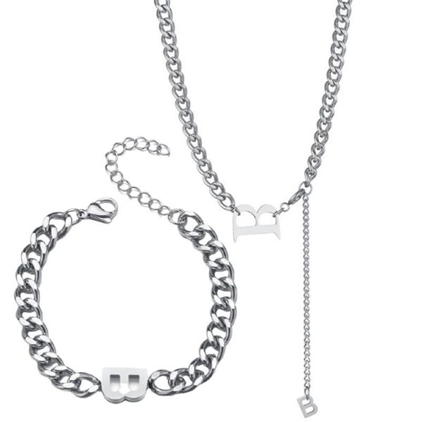 

earrings & necklace 316l stainless steel thick chain hip hop letter b bracelet set titanium woman jewelry prevent never fade, Silver