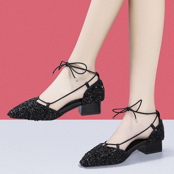 

dress shoes bling sequins pointed toe pumps women 2021 fashion ankle lace up thick heel woman black silver party female