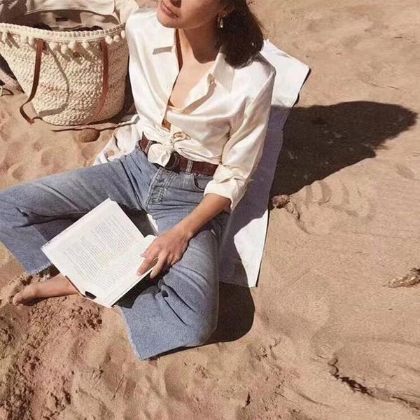 

women's blouses & shirts women 100% silk satin blouse long sleeve turn down collar soft office lady shirt and spring autumn, White