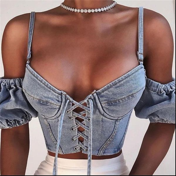 

strap womens shirts denim jeans crop women blusas mujer de moda summer lace up puff sleeve ladies off, White