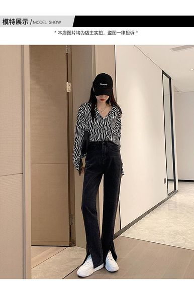 

spring high-waist mopping korean style split jeans women's wide-leg straight-leg pants slim fashion, Blue