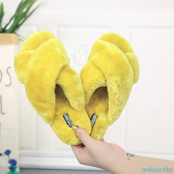 

candy color women slippers indoor outdoor shoes soft home plush warm non-slip fur flat casual female, Black
