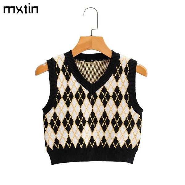 

women's sweaters women 2021 fashion geometric rhombic cropped knitted vest sweater v neck sleeveless england style female waistcoat cas, White;black