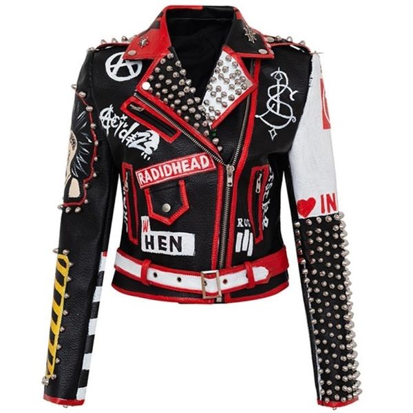 Moda kadın Graffiti Perçin boncuk Pu Deri Mont Kadın Zincirleri Dikiş Ceket Punk Rock Kırpılmış F2498 211.028