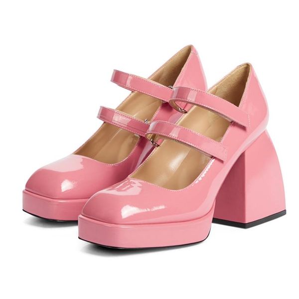 

dress shoes elegant mary janes square toe woman single buckle strap thick high heels pumps leather platform women, Black