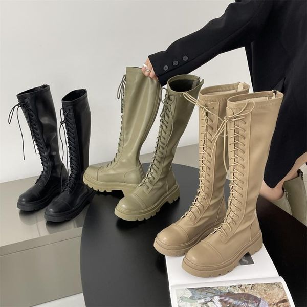 

boots women's autumn round toe winter footwear female shoes thigh high heels boots-women lace up 2021 ladies over, Black